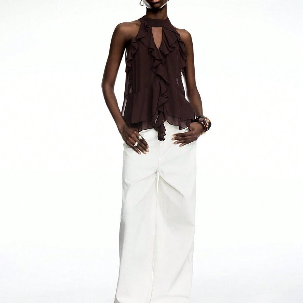 Coffee Brown Casual Women's Ruffle Chiffon Halter Top With Tie – Boho Style - Picture 3 of 7
